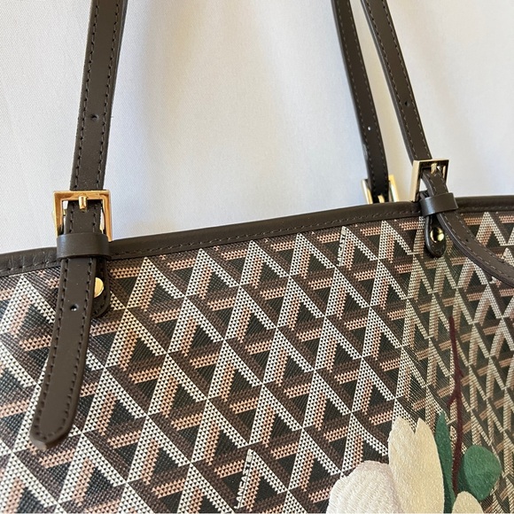 LANCASTER PARIS TOTE LG IKON COATED CANVAS FLORAL STITCHING ADJ STRAPS BROWN - Picture 7 of 11